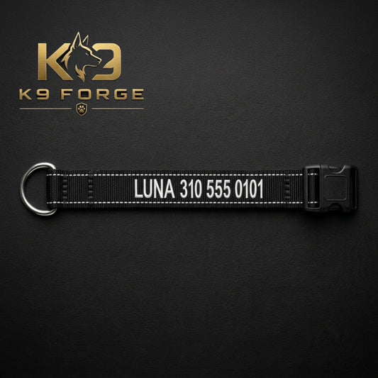 Black personalized dog collar with embroidered name and phone number, reflective nylon webbing and stainless steel D-ring for dog ID and safety