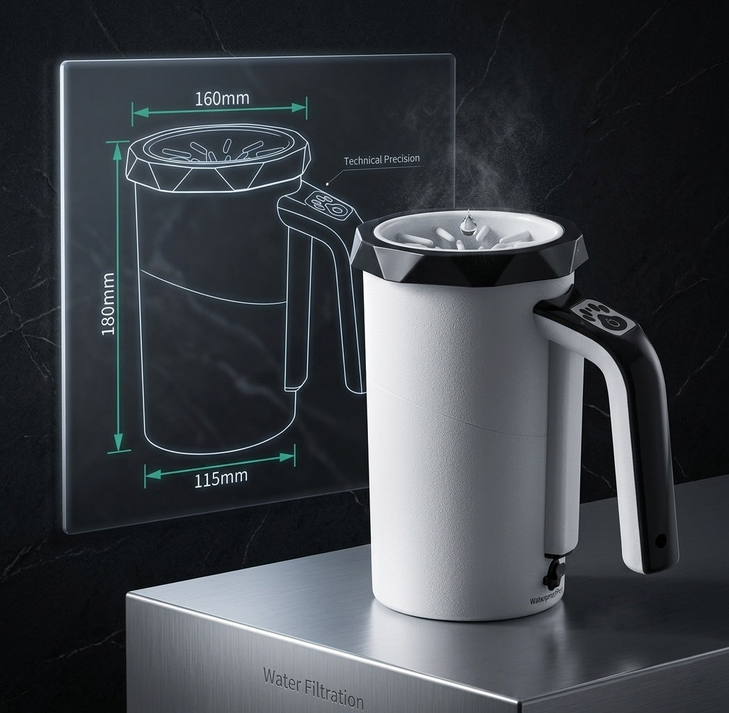 Electric dog paw cleaner cup dimensions 160x180mm – water filtration system technical precision design