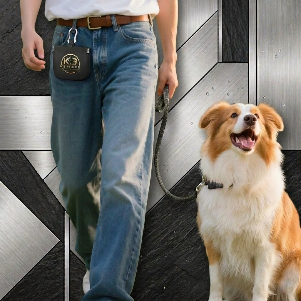 K9 Forge dog treat training pouch clipped to belt – man walking Border Collie outdoors with hands-free treat bag