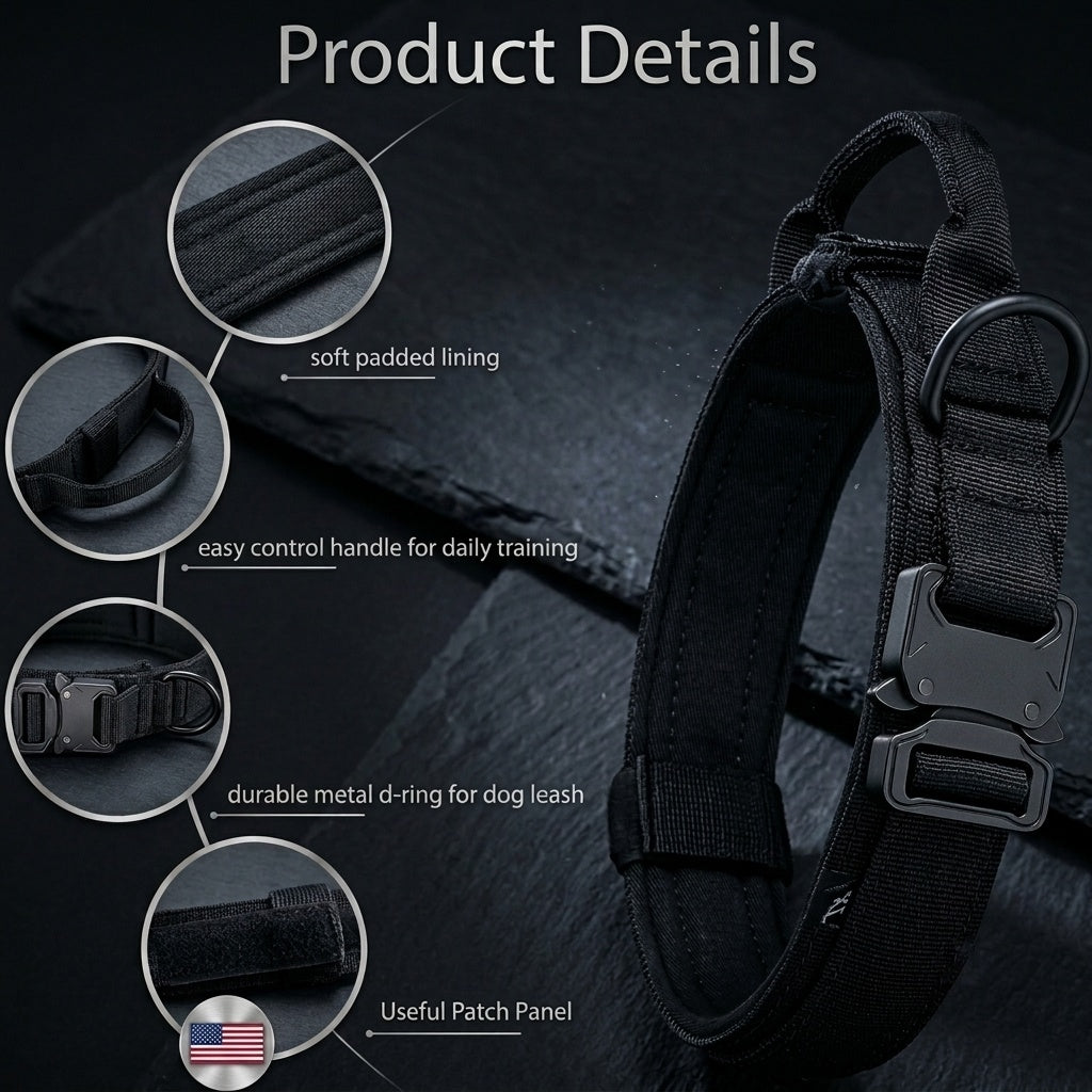 Tactical dog collar features – soft padded lining, control handle, metal D-ring and velcro patch panel for large dogs