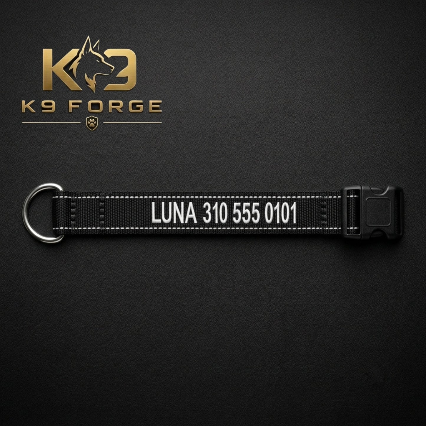 Black personalized dog collar with embroidered name and phone number, reflective nylon webbing and stainless steel D-ring for dog ID and safety