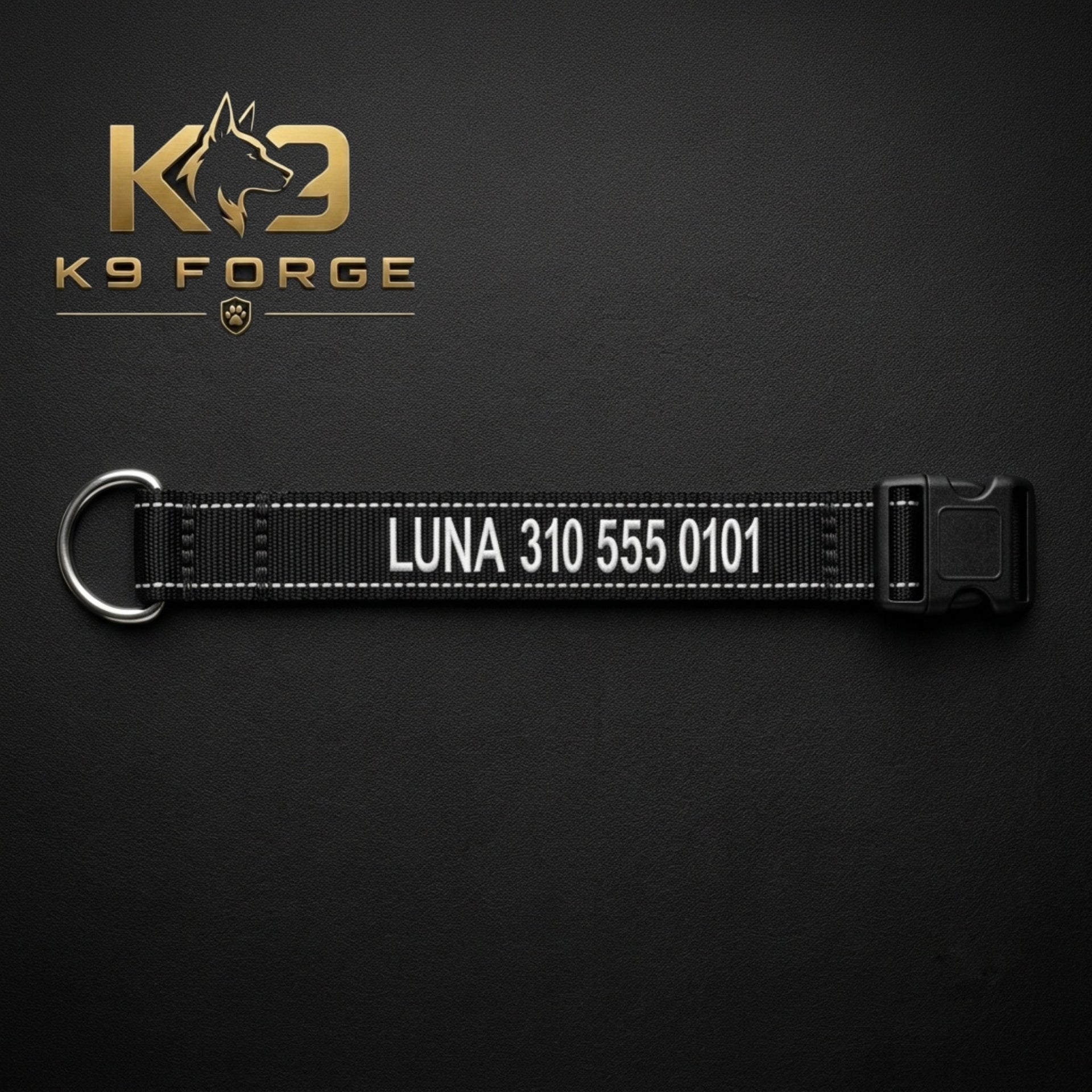 Black personalized dog collar with embroidered name and phone number, reflective nylon webbing and stainless steel D-ring for dog ID and safety