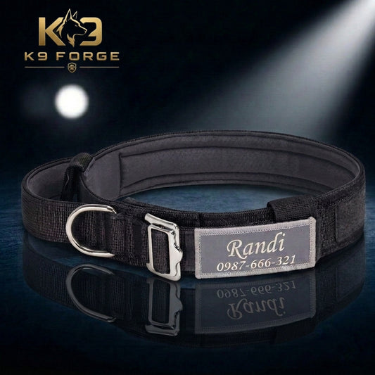 Black wide padded tactical dog collar with personalized embroidered name patch and phone number, heavy-duty cobra buckle — custom large breed dog collar