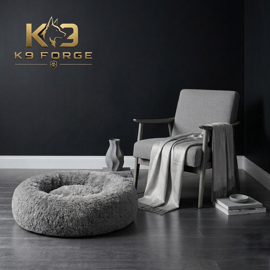 Calming donut dog bed grey – fluffy shag washable round bed for large dogs