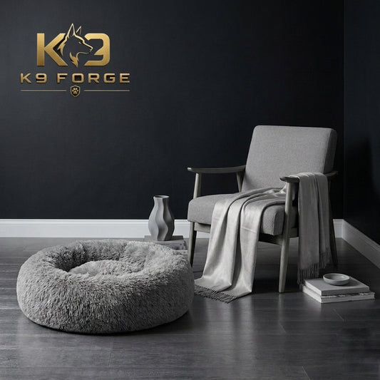 Calming donut dog bed grey – fluffy shag washable round bed for large dogs