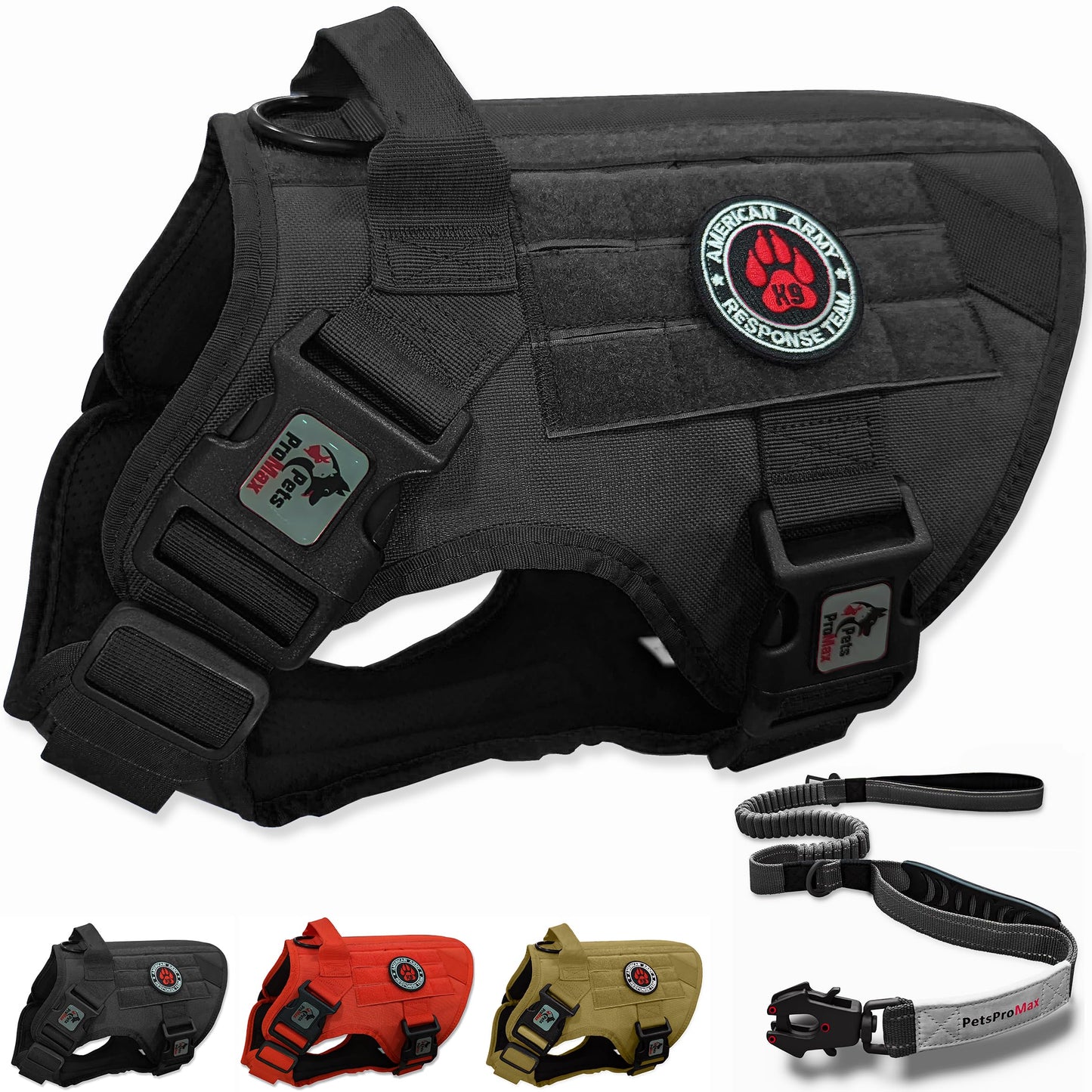 Pets ProMax Tactical Dog Harness with Tactical Dog Leash as 1 set for Extra Large Dogs; Military Style Tactical Dog Vest and Bungee Dog Leash with Car Seat Buckle | No-Pull Dog Vest and Leash Black XL K9 Forge