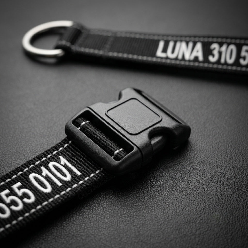 Close-up of personalized embroidered dog collar with quick-release buckle showing dog name and phone number in white text on black nylon