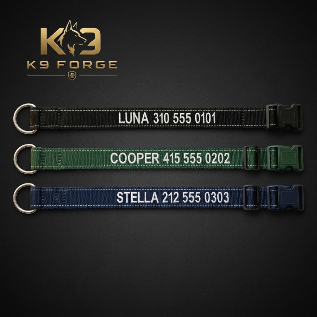 Three personalized embroidered dog collars in black, olive green, and navy blue with dog name and phone number stitched in white — tactical nylon ID collars