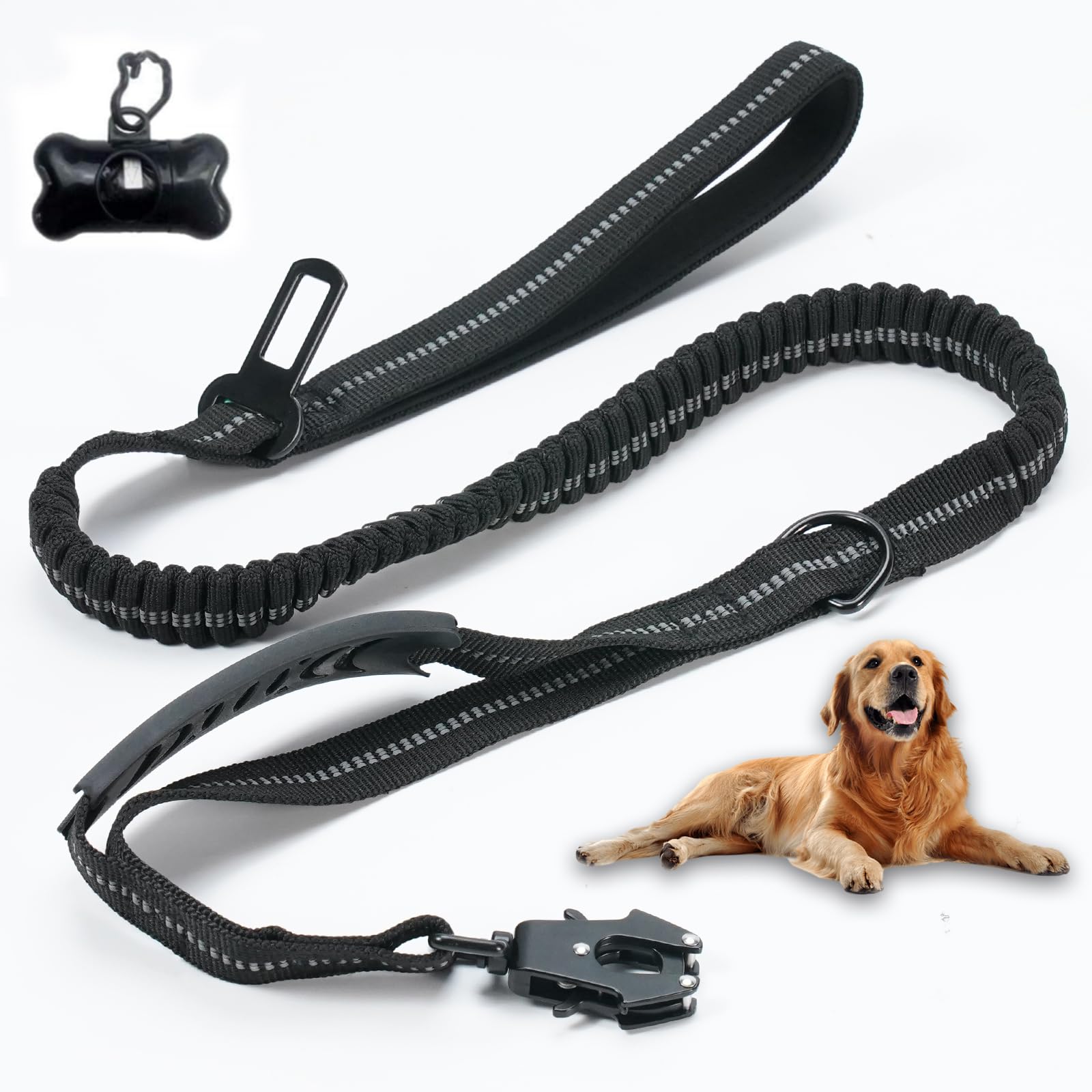 Bungee Dog Leash with Poop Bag Holder Shock Absorbing Dog Leash with Quick Release/Locking Clip Heavy Duty Reflective Military Dog Leash with Padded Handles for Large/Medium/Small Dogs K9 Forge