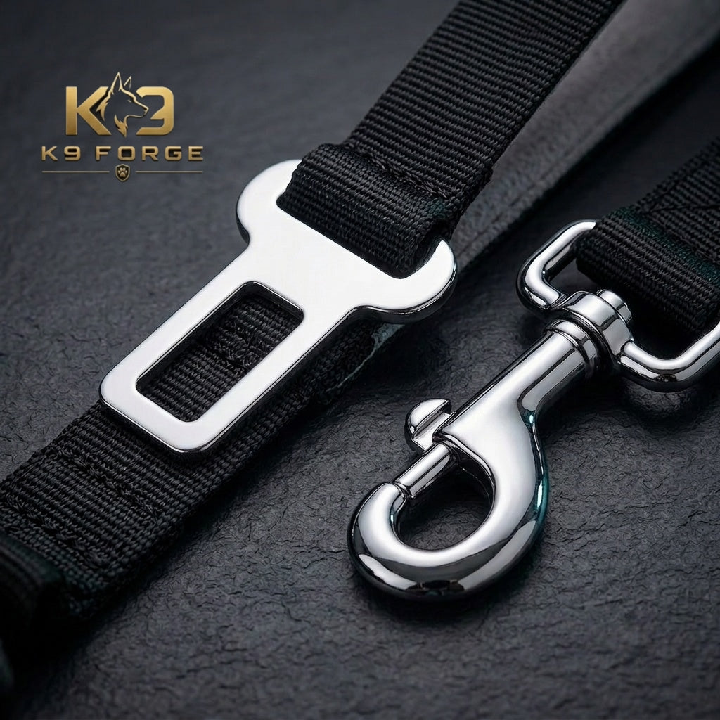 Dog car seat belt clip and steel snap hook close-up – heavy duty metal hardware for large breed dogs