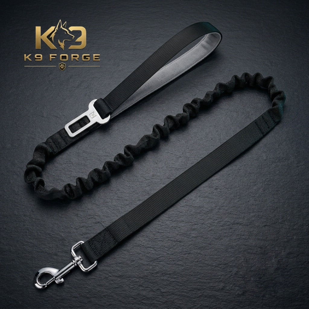 Dog car seat belt leash bungee black – metal seat belt clip with padded handle and steel snap hook