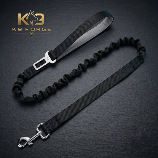 Dog car seat belt leash bungee black – metal seat belt clip with padded handle and steel snap hook