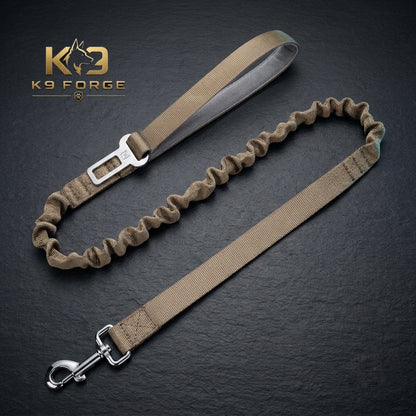 Dog car seatbelt leash coyote tan – bungee padded handle with steel snap hook for large breed dogs