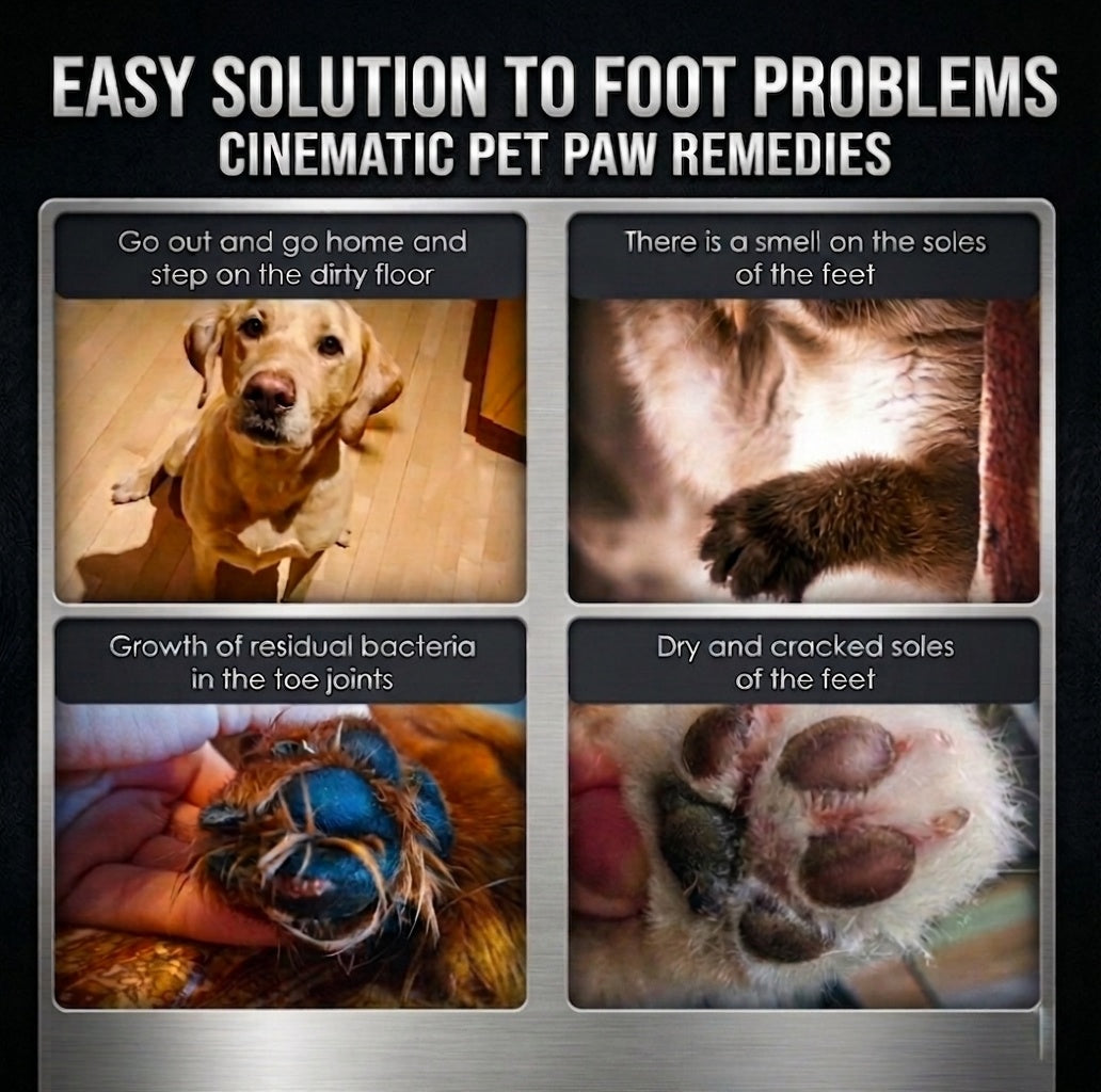 Dog paw cleaner solution for dirty paws, bacteria in toe joints, smell and dry cracked paw pads