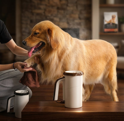 Electric dog paw washer cup used on Golden Retriever – automatic paw cleaning cup for large dogs indoors