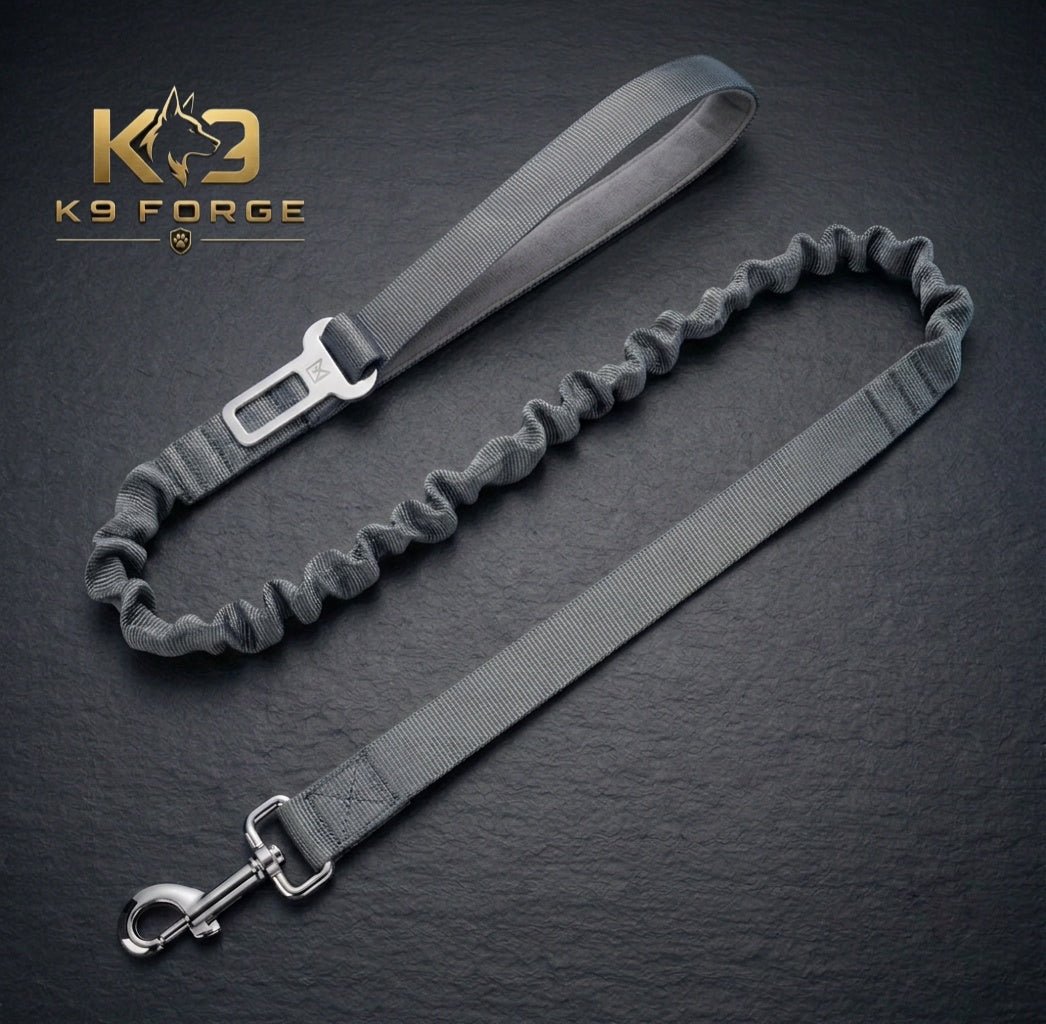 Dog seat belt leash grey bungee – metal car clip padded handle steel snap hook for large dogs