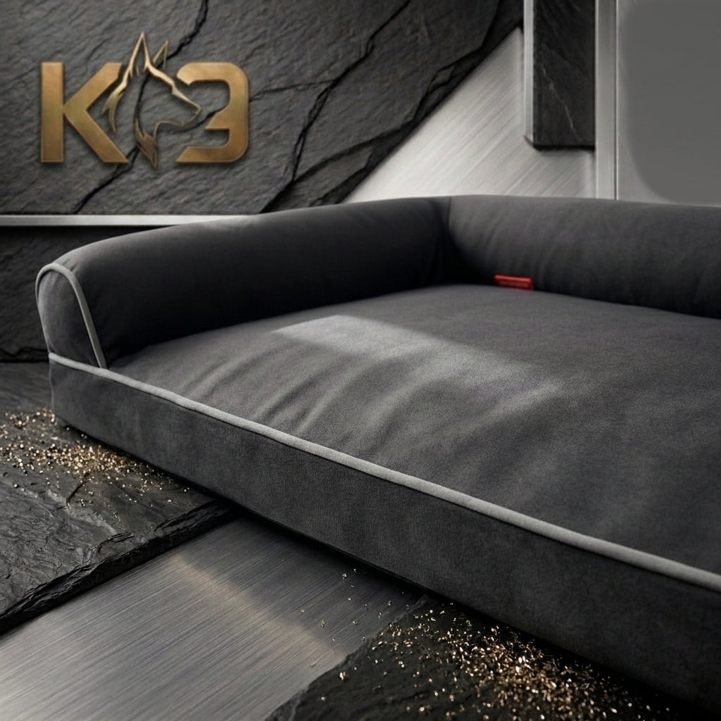 Dog sofa bed charcoal grey close-up – soft velvet texture with quilted interior and L-shaped bolster