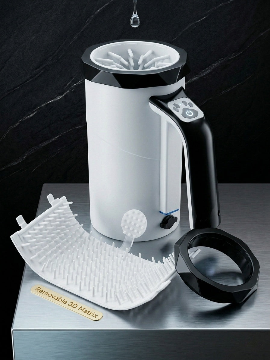 Electric dog paw washer cup white – removable 3D matrix silicone brush with one-button auto spin cleaning