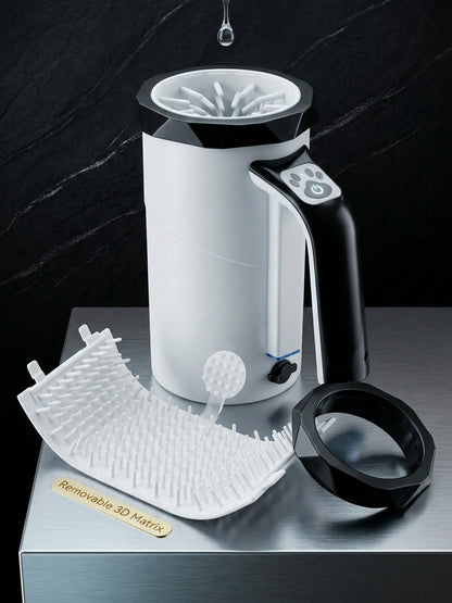 Electric dog paw washer cup white – removable 3D matrix silicone brush with one-button auto spin cleaning