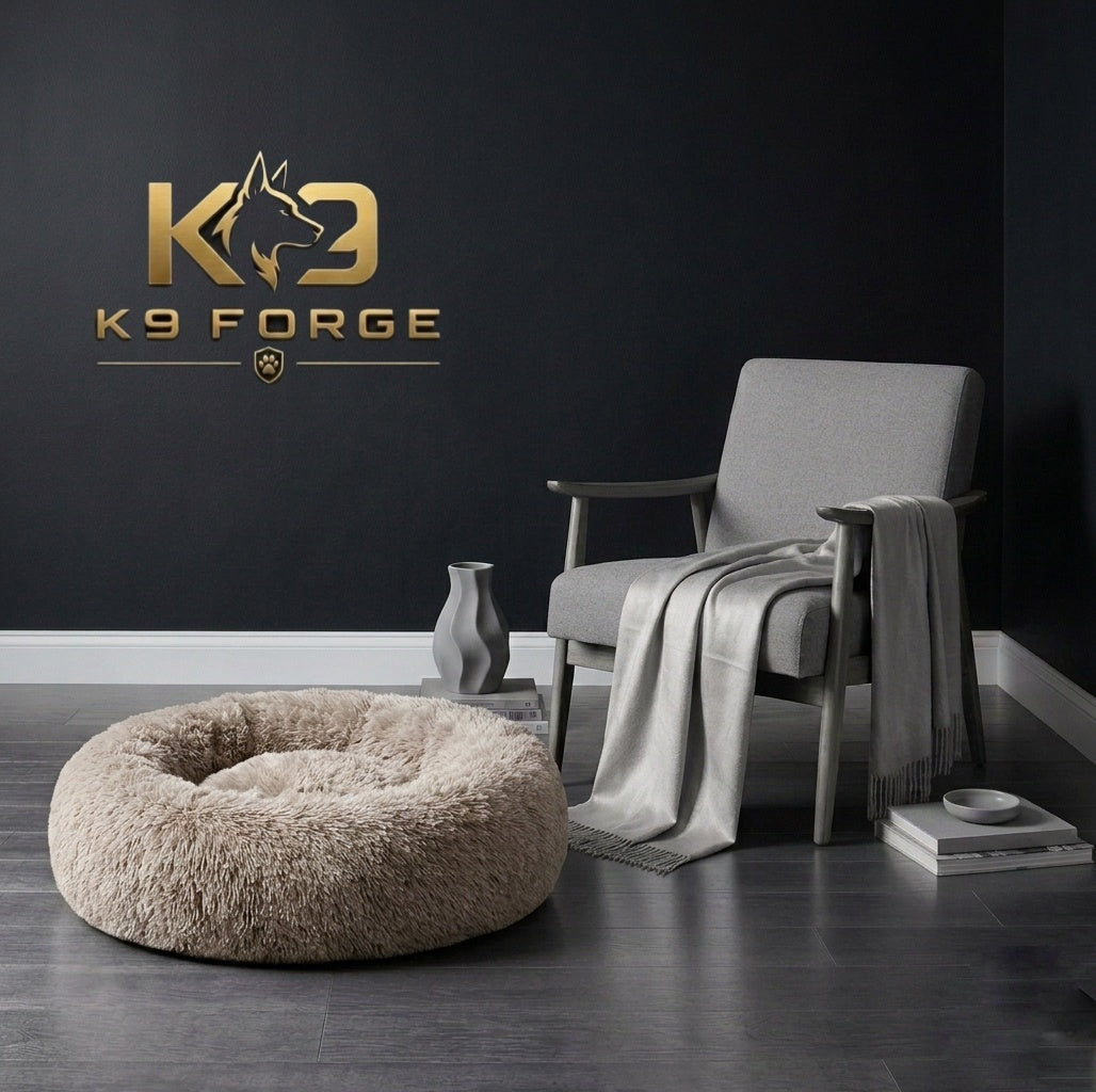 Fluffy donut dog bed beige – calming anti-anxiety washable bed for large breeds