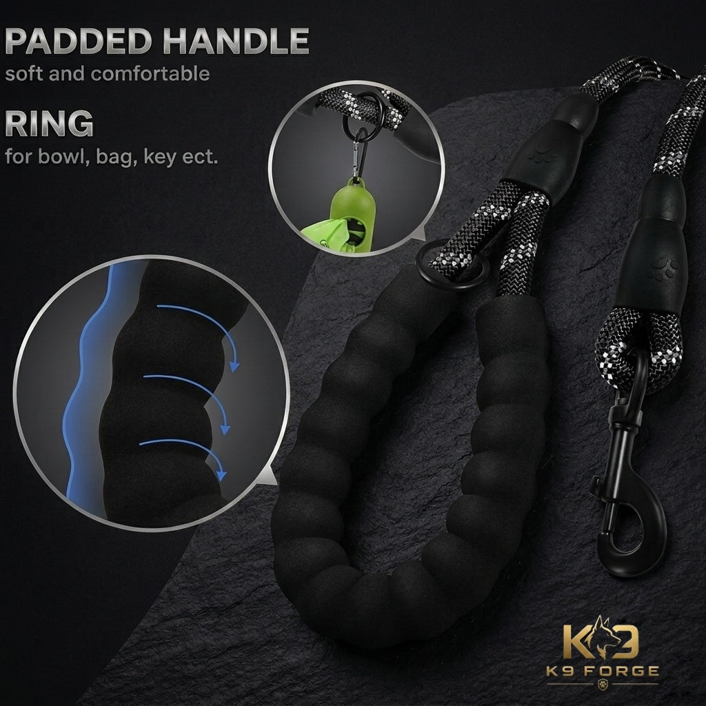 Heavy duty rope dog leash black – padded handle with accessory ring for bowl bag and keys large dogs