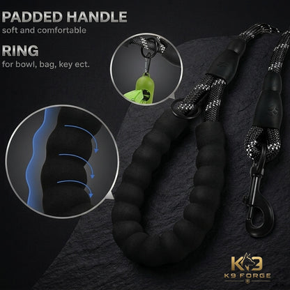 Heavy duty rope dog leash black – padded handle with accessory ring for bowl bag and keys large dogs
