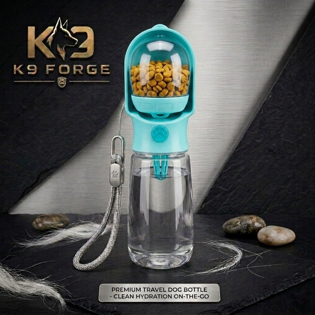 K9 Forge teal 2-in-1 dog water bottle with food storage compartment – portable dog travel bottle with treat container for outdoor adventures