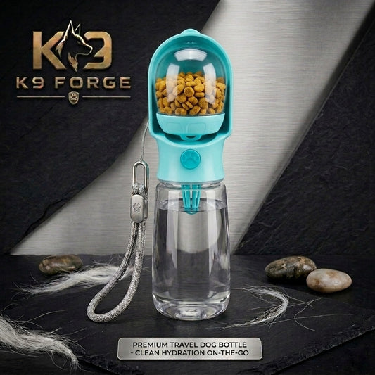 K9 Forge teal 2-in-1 dog water bottle with food storage compartment – portable dog travel bottle with treat container for outdoor adventures