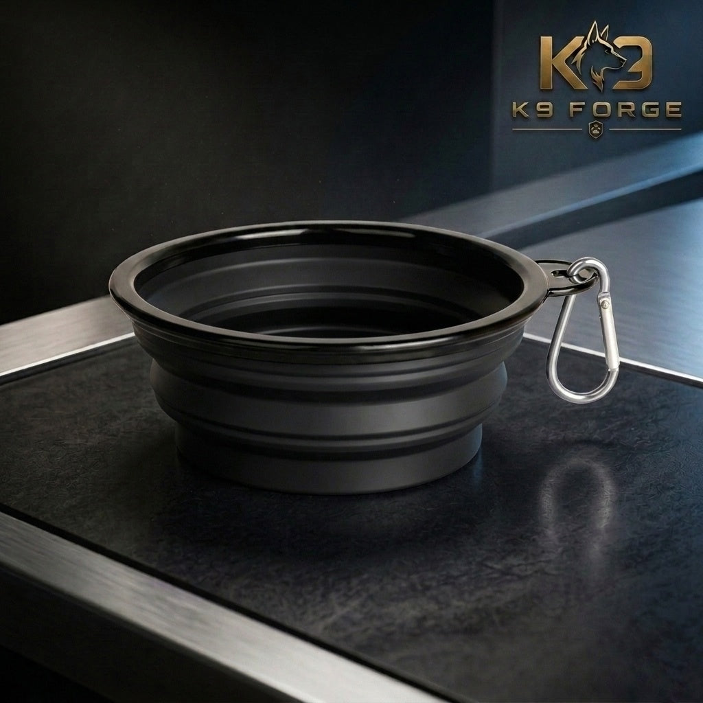 K9 Forge black collapsible silicone dog bowl with carabiner clip – durable foldable dog bowl for camping and hiking