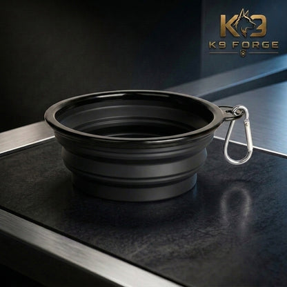 K9 Forge black collapsible silicone dog bowl with carabiner clip – durable foldable dog bowl for camping and hiking