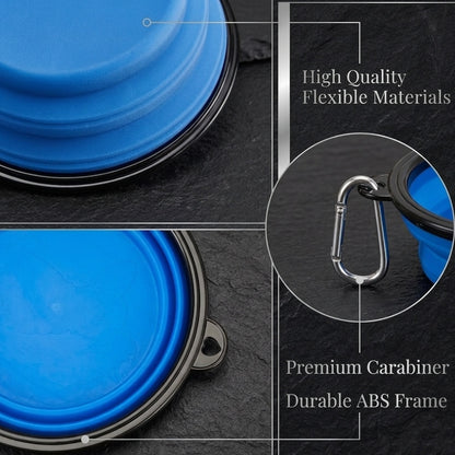 K9 Forge blue collapsible dog bowl detail – high quality flexible silicone, premium carabiner and durable ABS frame