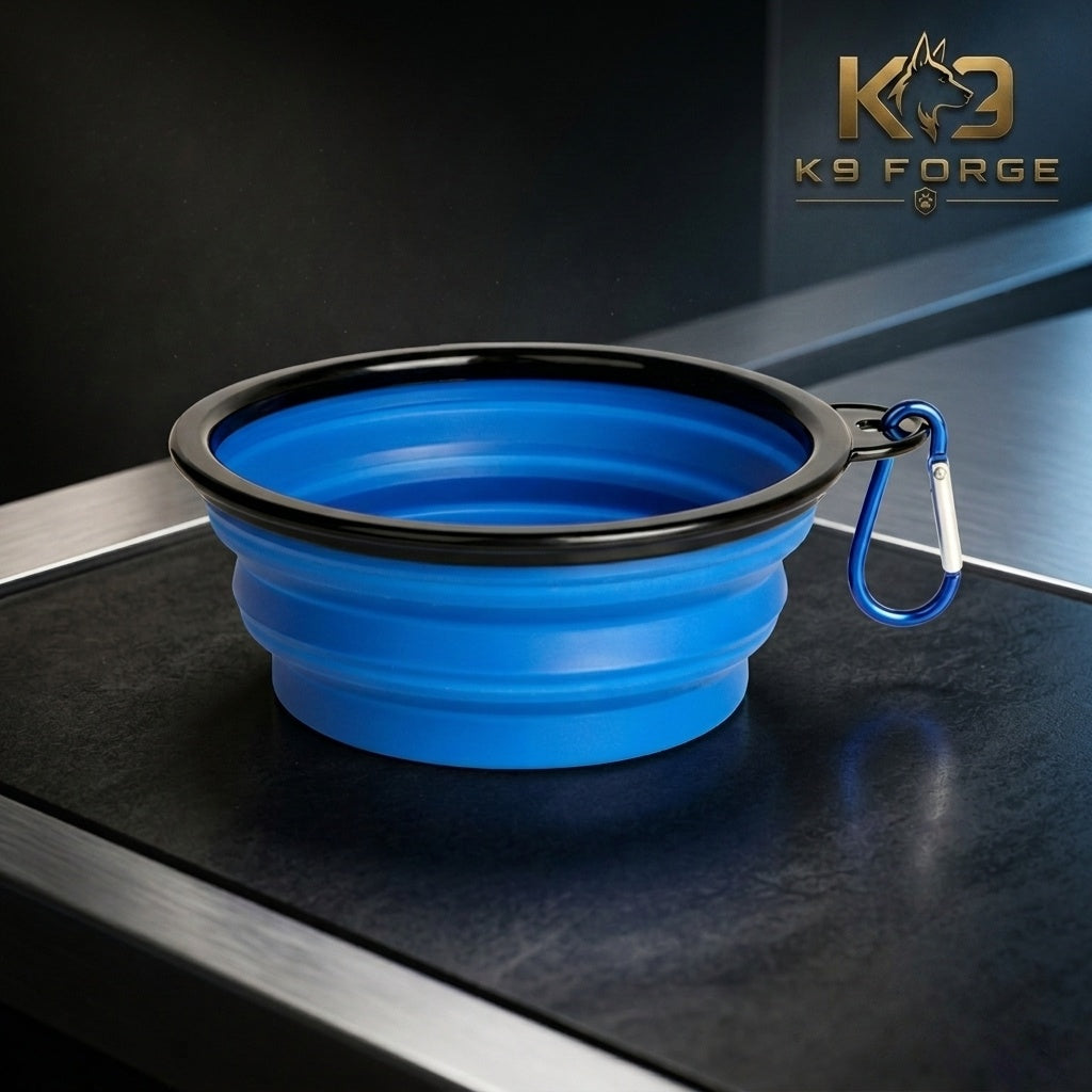 K9 Forge blue collapsible silicone dog bowl with carabiner clip – portable travel dog water bowl for hiking and walks