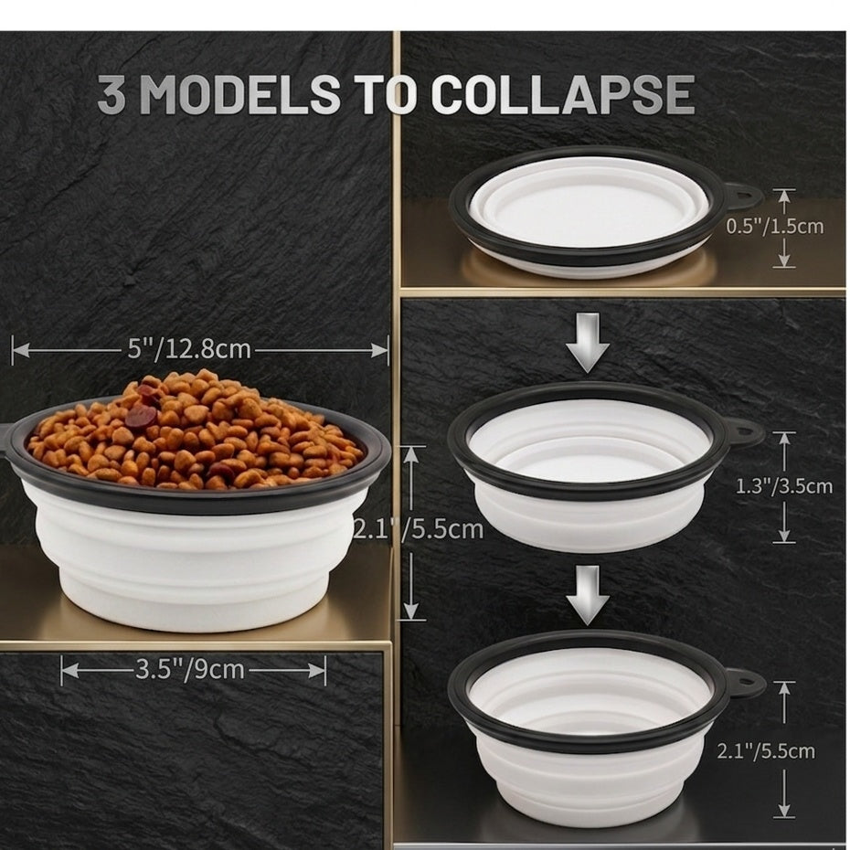K9 Forge collapsible dog bowl size chart – 5 inch diameter, 3 collapse models from 0.5 to 2.1 inches, fits food and water