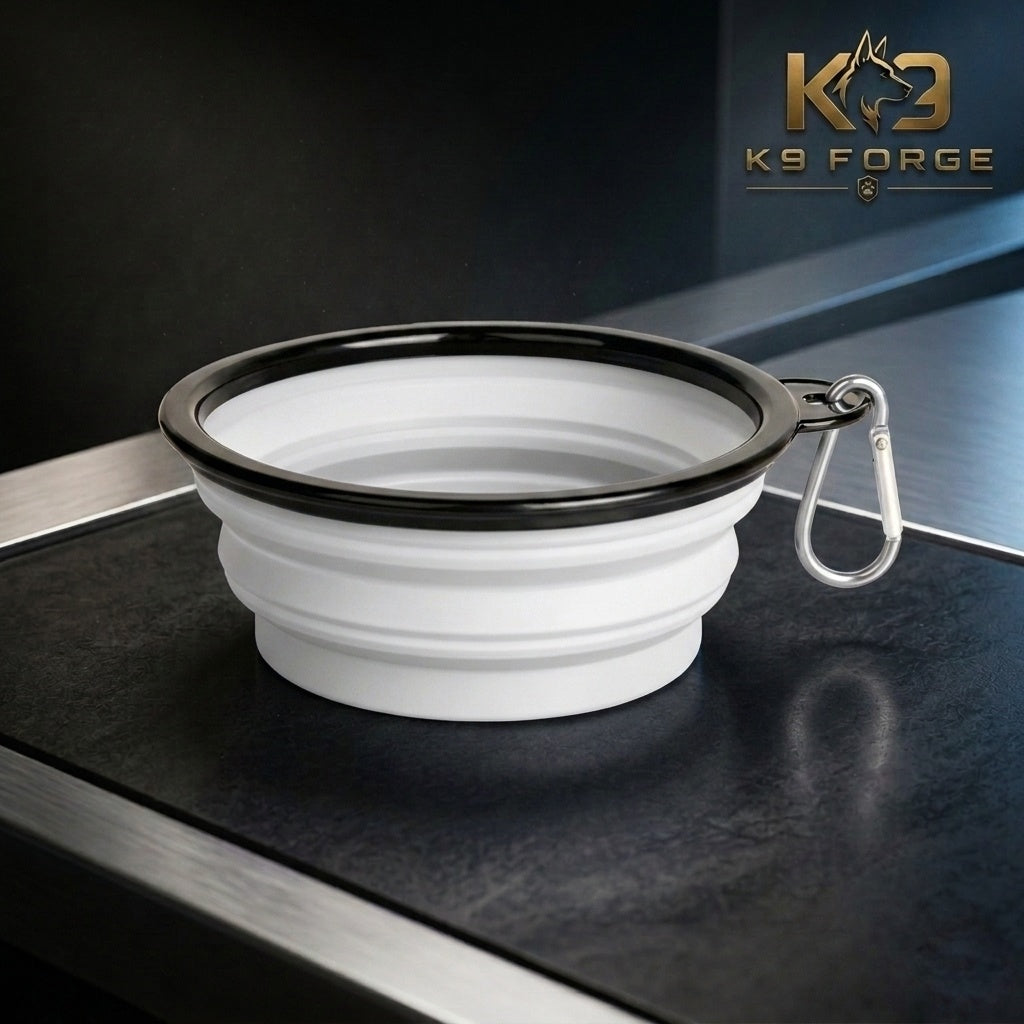 K9 Forge white collapsible silicone dog bowl with carabiner – foldable portable dog food and water bowl for outdoor travel