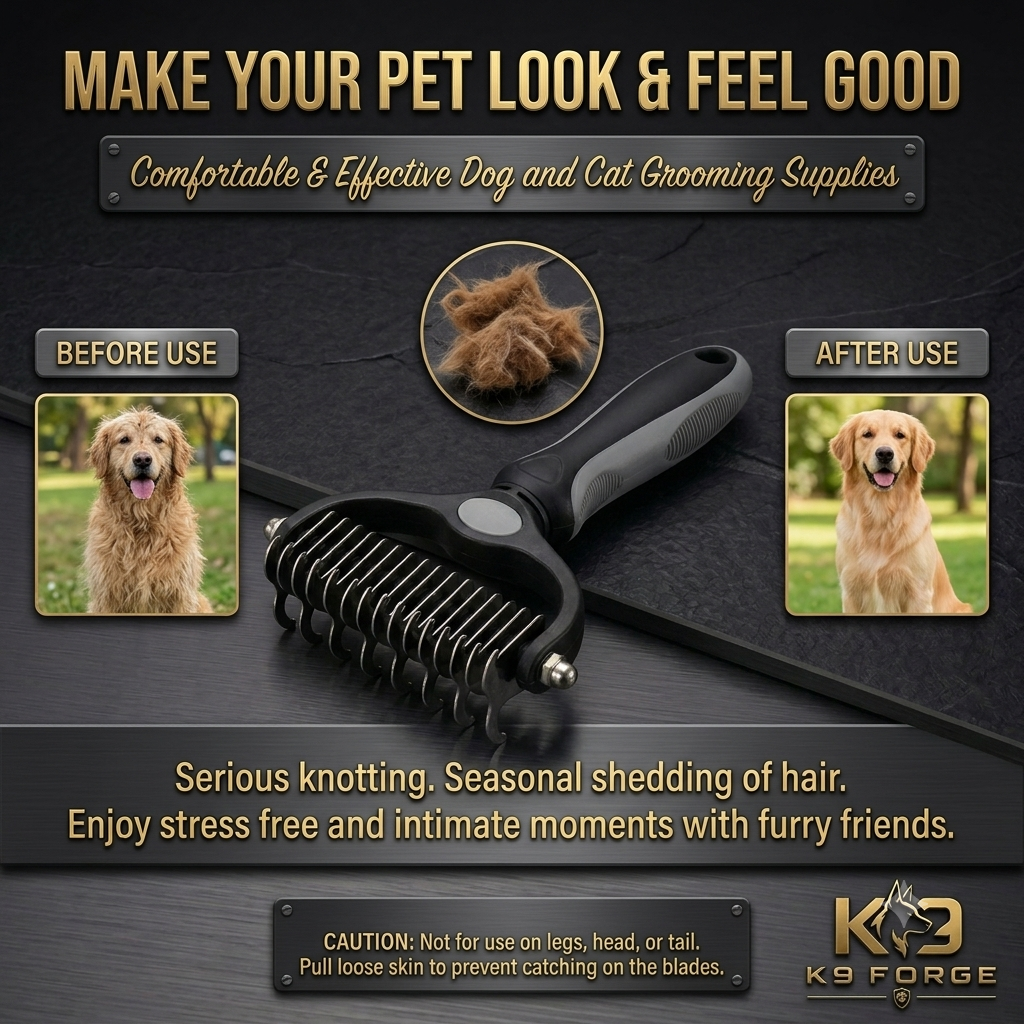 K9 Forge dog deshedding brush before after matted fur 
removal Golden Retriever seasonal shedding tool