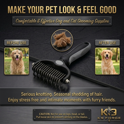 K9 Forge dog deshedding brush before after matted fur 
removal Golden Retriever seasonal shedding tool