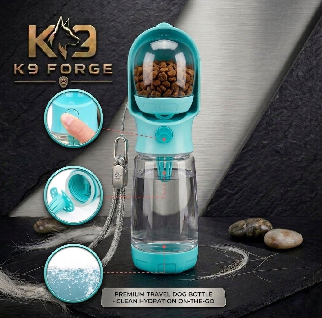 K9 Forge teal dog travel water bottle features – one-button water dispenser, food storage, activated carbon filter and lock switch