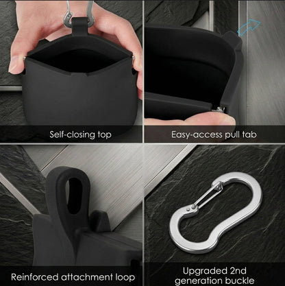 K9 Forge dog treat bag features – self-closing top, easy-access pull tab, reinforced loop, upgraded 2nd gen carabiner buckle