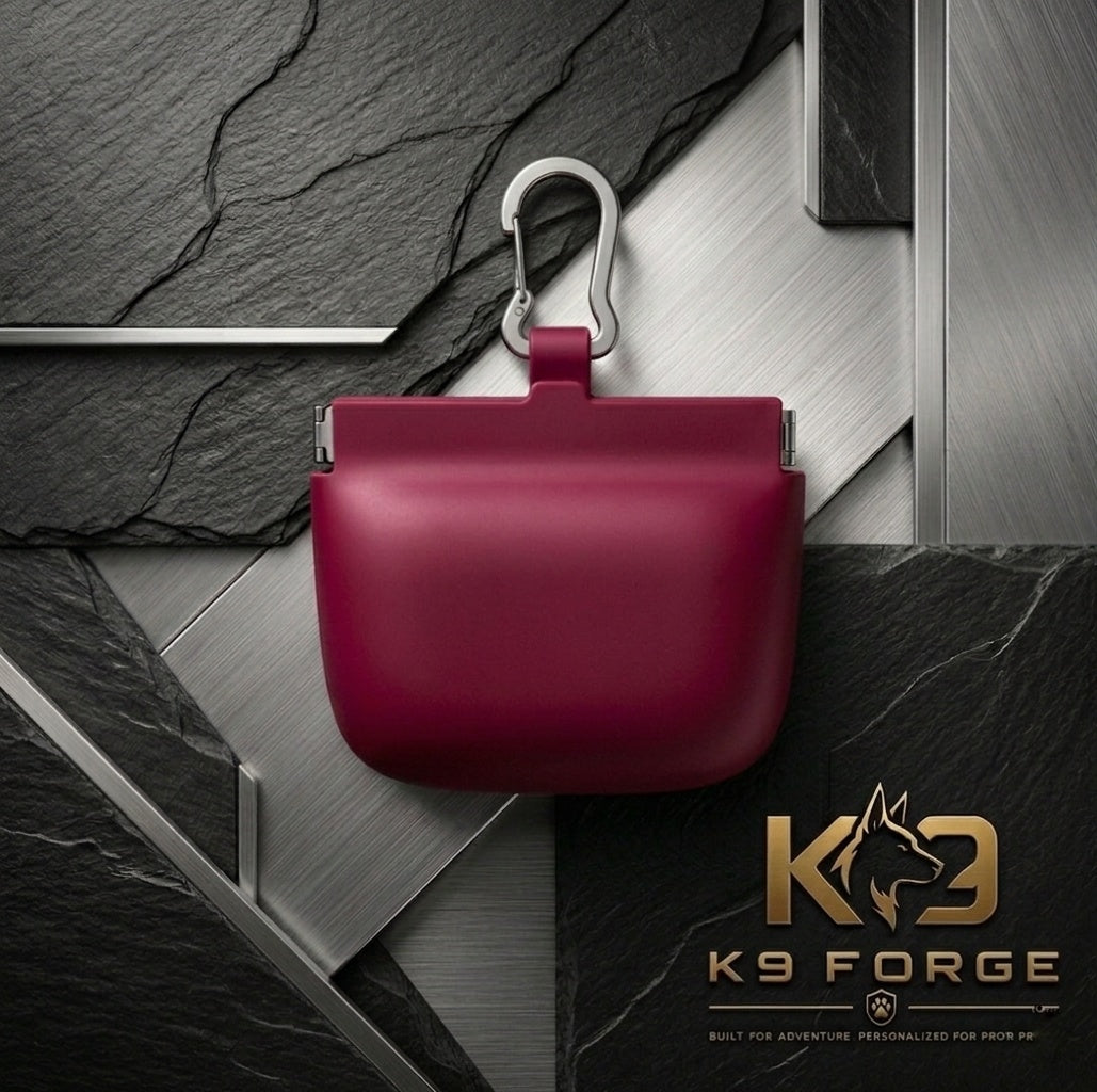 K9 Forge burgundy red silicone dog treat pouch with carabiner – portable dog training reward bag for outdoor walks