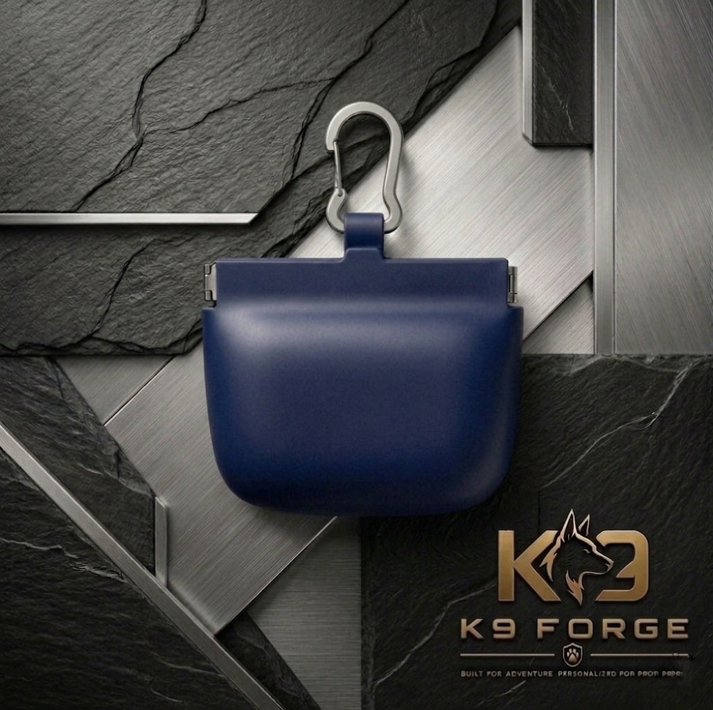 K9 Forge navy blue silicone dog treat pouch with carabiner clip – hands-free dog training treat bag for obedience