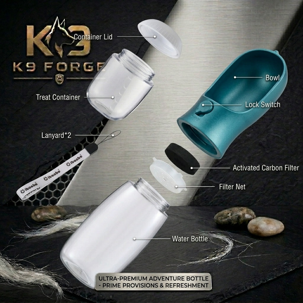 K9 Forge dog water bottle exploded parts diagram – activated carbon filter, treat container, bowl, lock switch, filter net and lanyard