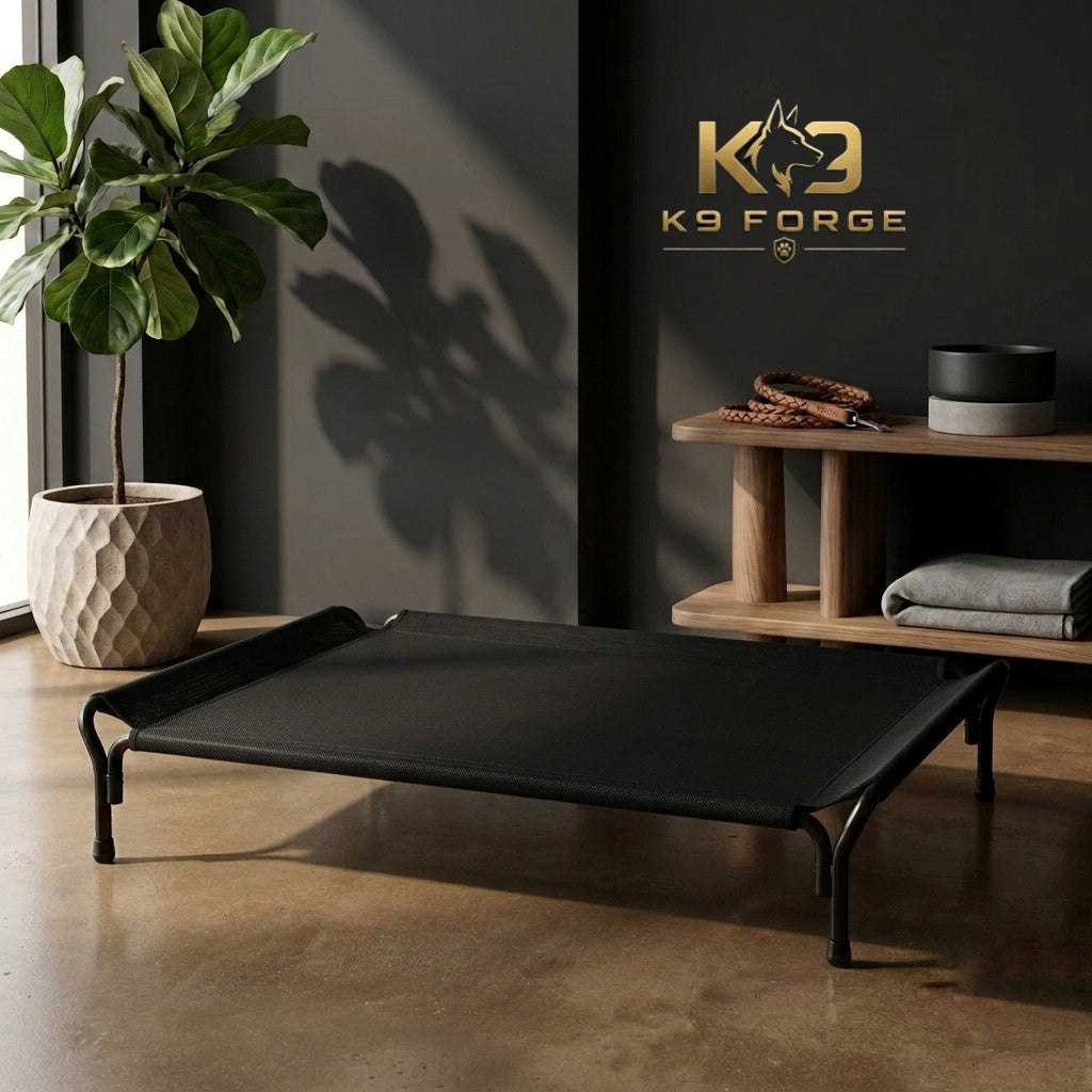 K9 Forge elevated dog bed black – raised breathable cot for large dogs indoors