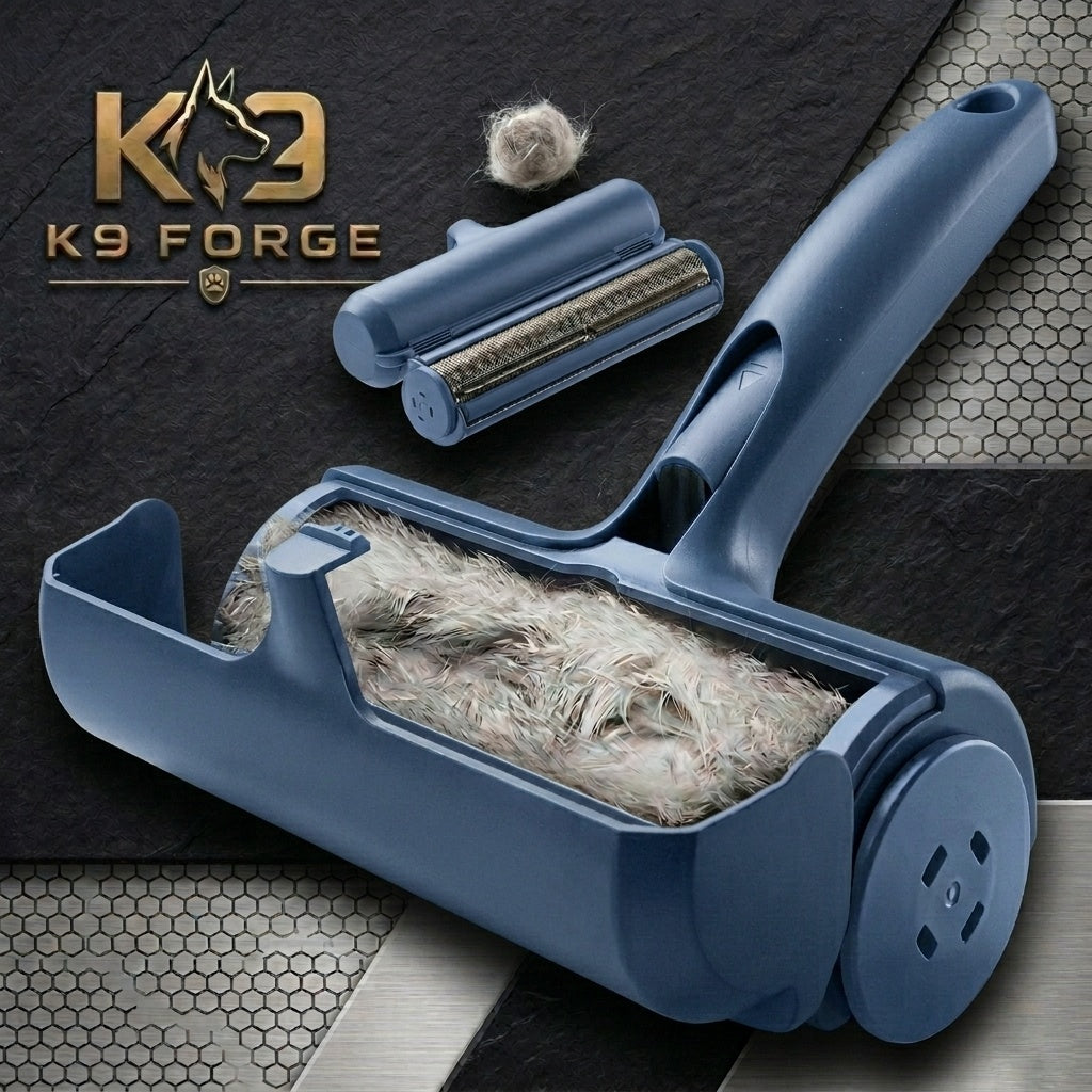 K9 Forge blue reusable pet fur remover roller – self-cleaning dog and cat hair lint roller for sofa and car seats