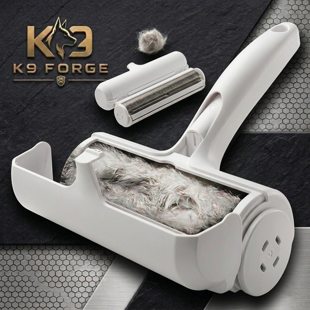 K9 Forge white reusable self-cleaning pet hair lint roller – removes dog and cat fur from furniture and clothing