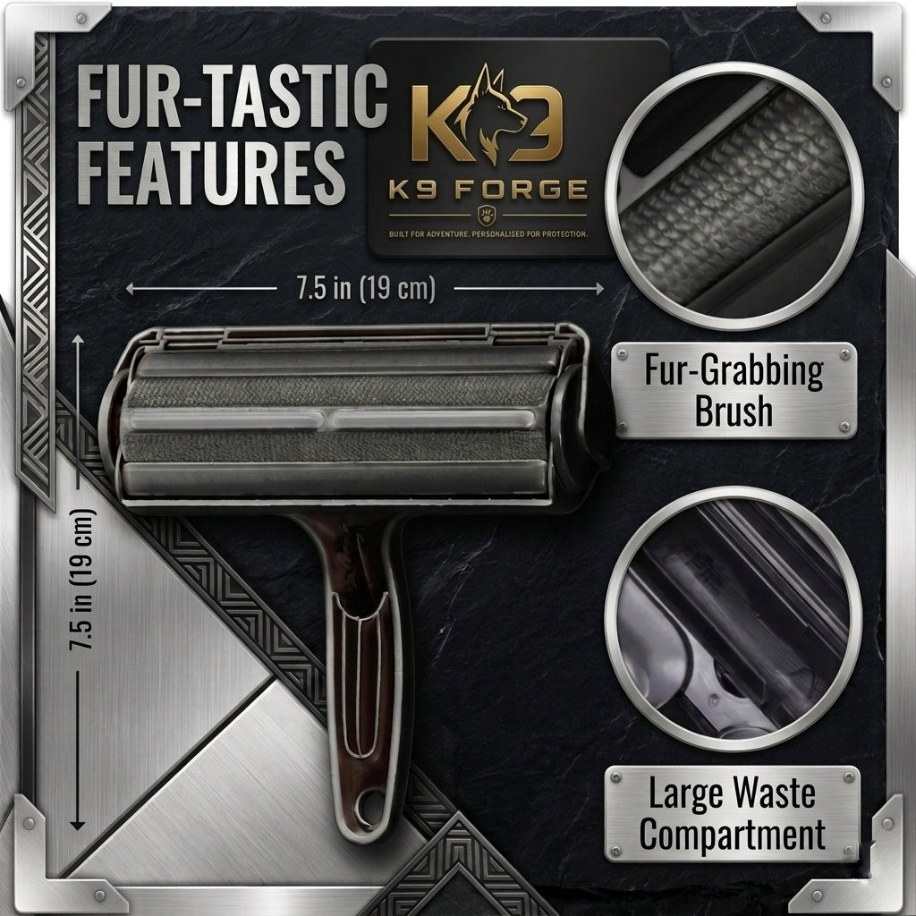 K9 Forge pet hair roller features – 7.5 inch fur-grabbing brush with large waste compartment, no sticky tape