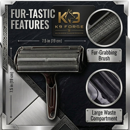 K9 Forge pet hair roller features – 7.5 inch fur-grabbing brush with large waste compartment, no sticky tape