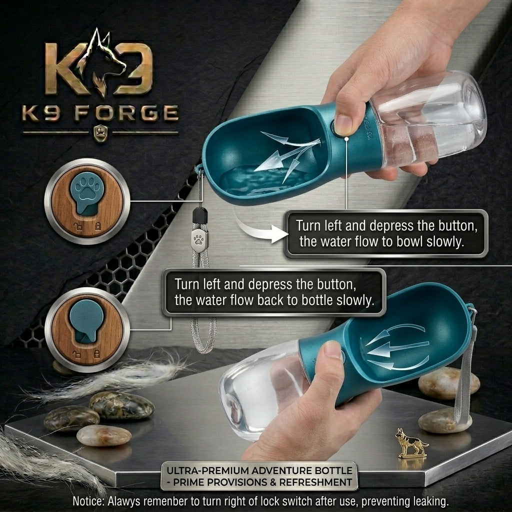 K9 Forge portable dog water bottle how to use – turn lock switch to dispense water into bowl and return unused water back to bottle