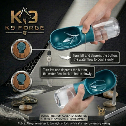 K9 Forge portable dog water bottle how to use – turn lock switch to dispense water into bowl and return unused water back to bottle