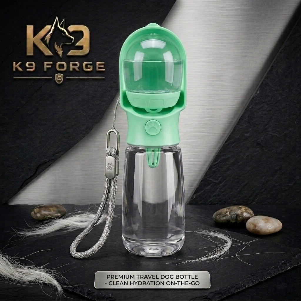 K9 Forge mint green portable dog water bottle with built-in bowl – leak-proof travel dog water dispenser for walks and hiking