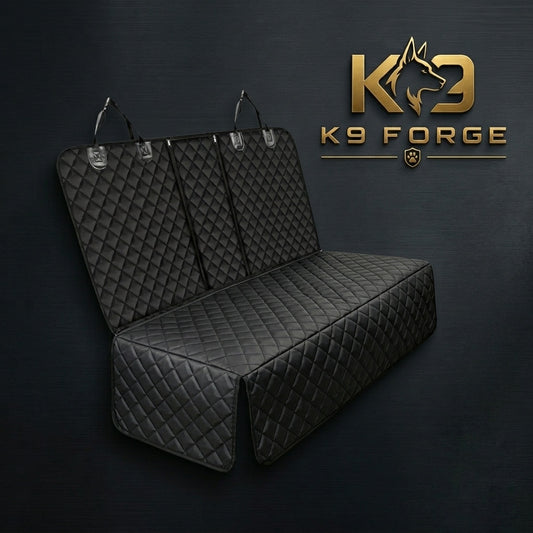 K9 Forge premium black quilted dog car seat cover with headrest straps and side flaps – heavy duty waterproof back seat protector for large dogs – fits SUV truck sedan